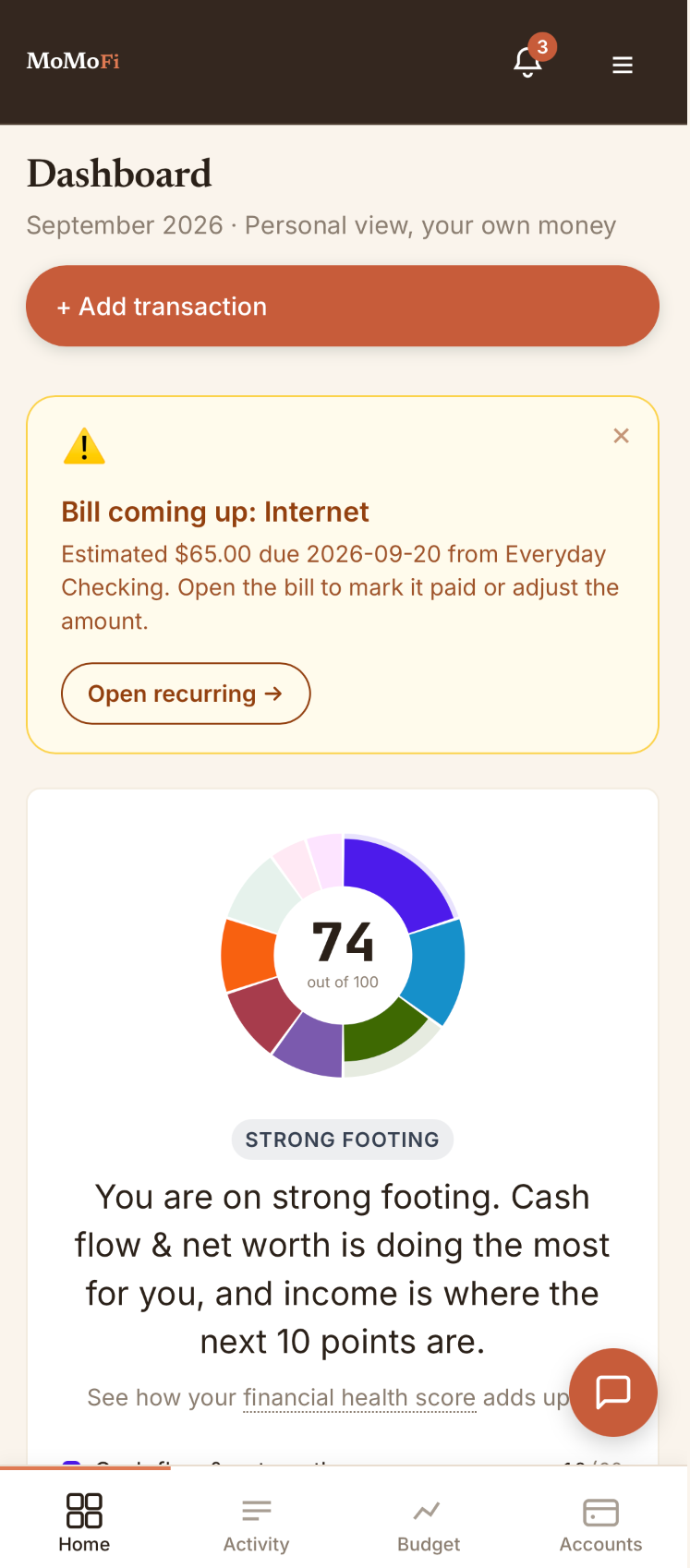 The MoMoFi dashboard on a phone, with a financial health score of 74 and a reminder that a bill is due soon.